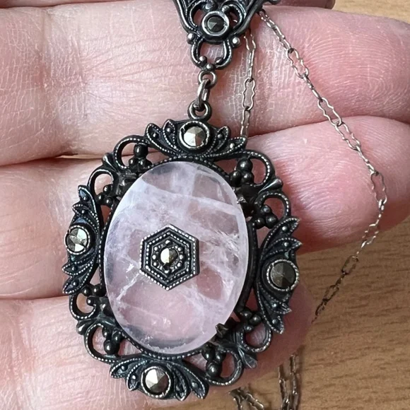 ANTIQUE ROSE QUARTZ MARCASITE STERLING SILVER NECKLACE PENDANT W/CHAIN GERMANY